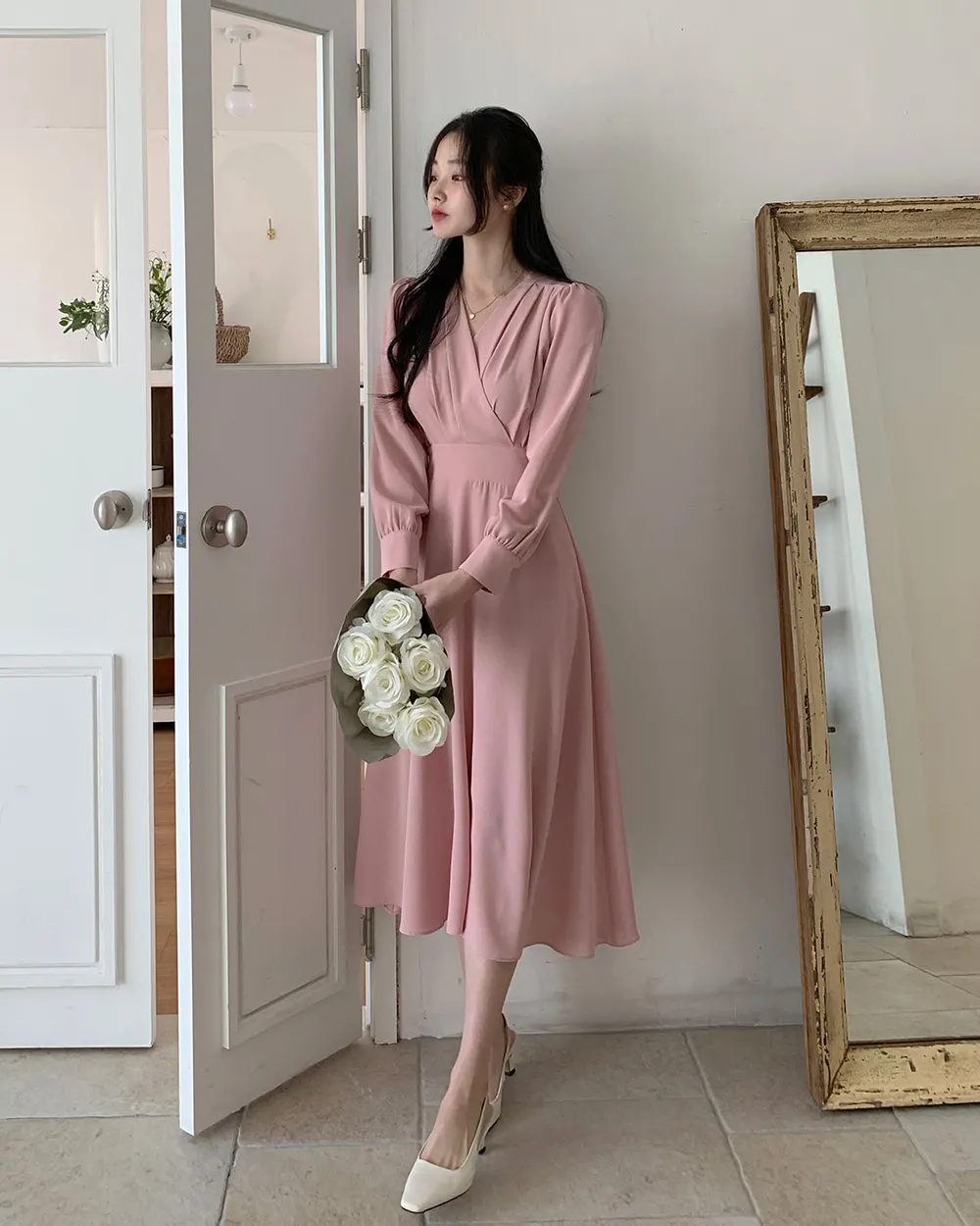 Korean Fashion Autumn Midi Dresses for Women Long Sleeves V-neck A-line Solid Casual Dress Office Lady Clothing New