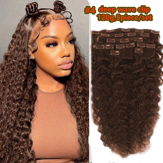 #4 Chocolate Brown Deep Wave Clip In Hair Extension Human Hair Brazilian Natural Black Color 100% Virgin Hair 8-26" 120G/Set