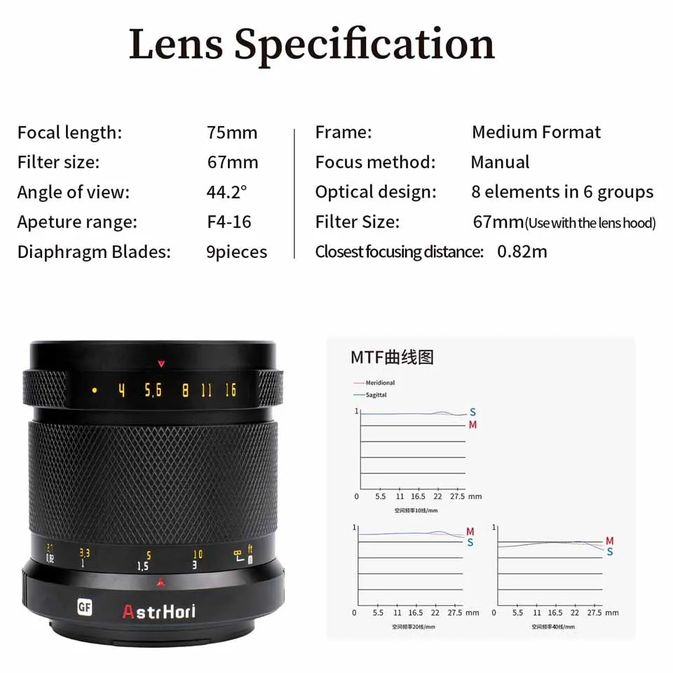 AstrHori 75mm F4 중형 수동 초점 카메라 렌즈 인물 사진 촬영용 Fujifilm GFX 마운트 GFX100 GFX100S GFX50S GFX50R