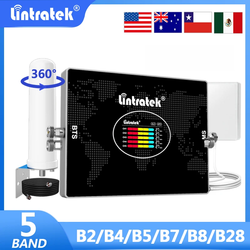 Lintratek 5 Band Cellular Amplifier B28 700 900 1800 2100 2600 MHZ B2 B4 LTE 2G 3G 4G Signal Booster Mobile Reapeater 70dB AGC