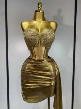 Women Sexy Strapless Sequins Rhinestone Gold Dress Glitter Top Two Pieces Sets Birthday Evening Party Club Singer Stage Outfit 1
