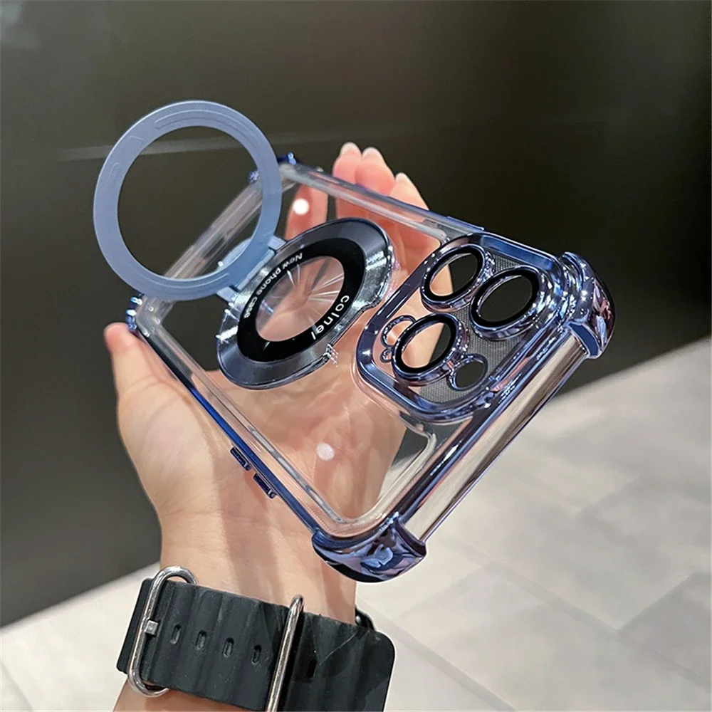高級メッキ加工 耐衝撃 マグセーフ対応 クリアケース iPhone 15 16 14 13 12 17 Pro Max用 ホルダー付きスタンドカバー