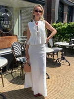 Elegant Linen Solid Lace Up Vest Long Skirt Suits Women O-neck Sleeveless Ruffles Tank High Waist A-line Skirts Chic Female Sets 1