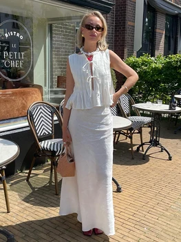Elegant Linen Solid Lace Up Vest Long Skirt Suits Women O-neck Sleeveless Ruffles Tank High Waist A-line Skirts Chic Female Sets 1