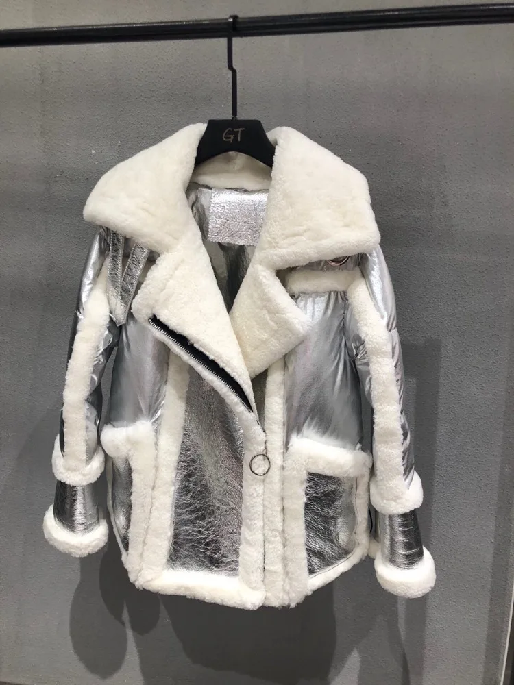 Winter Shearling Down Coat Lady Temperament Commuter Fur Stitching Lapel Long Sleeve Real Wool Jacket Women Lamb Fur Clothes