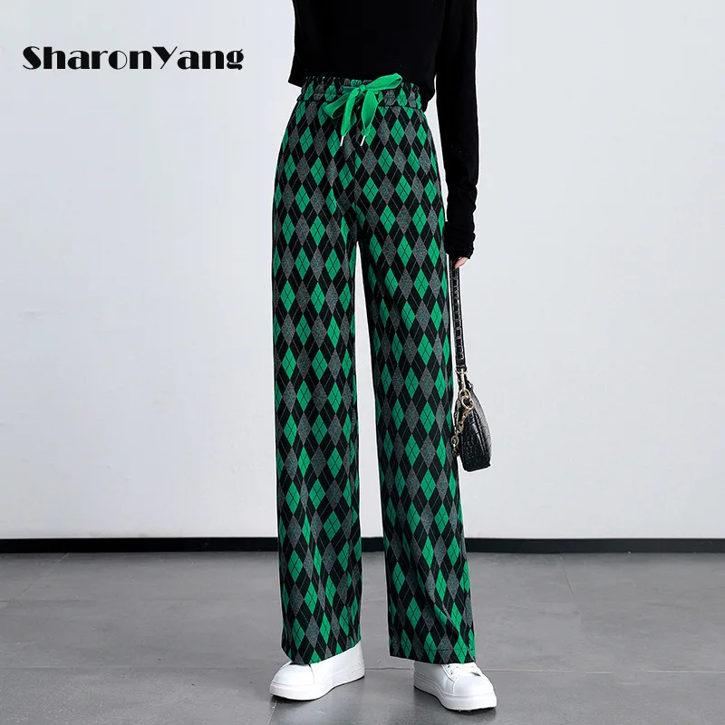 

2022 Spring and Autumn New Plaid Wide Leg Pants Women's High Waist Loose Straight Pants Drawstring Womens Pants