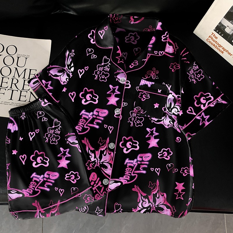 Ice silk thin section graffiti printing ladies pajamas summer 2025 new short-sleeved shorts lapel girls homewear two-piece set