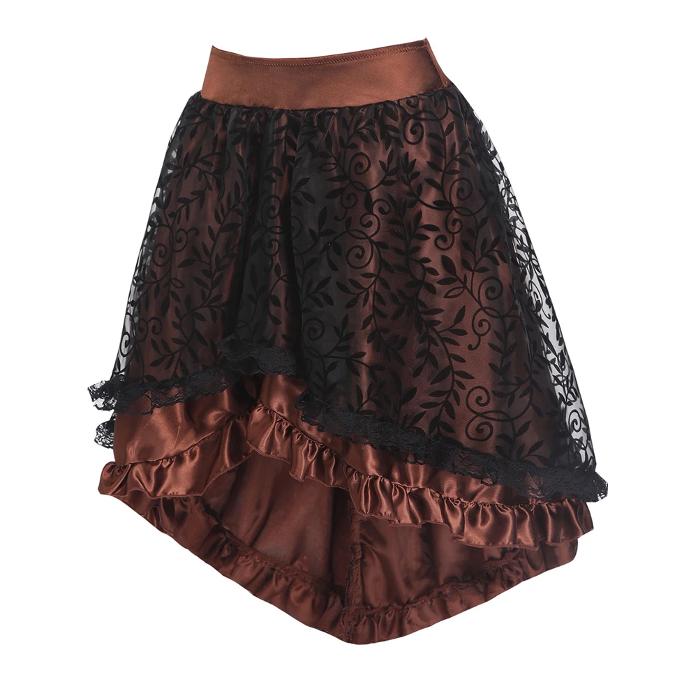 Plus Size Brown/Black Women's Victorian Asymmetrical Gothic Steampunk Corset Skirt With Back Zip 2