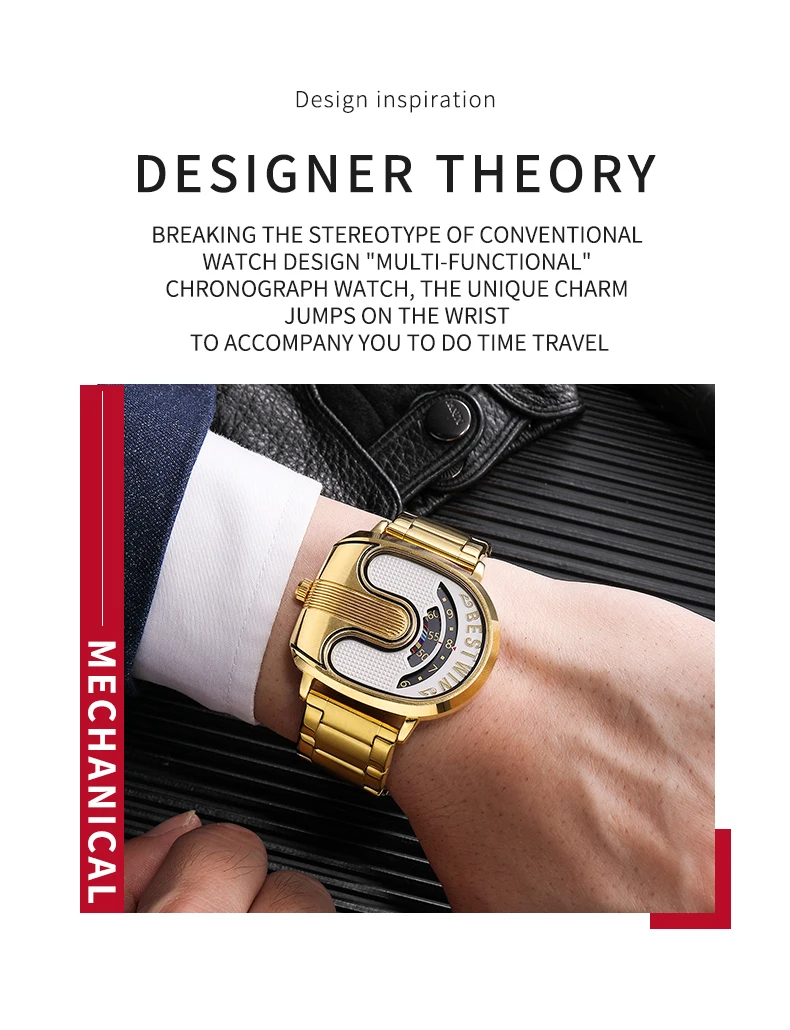 Creative Large Dial Personality Watches for Men BESTWIN Gold U-Shape Fashion Mens Watch Trend Reloj Hombre Lujo Alta Gama 2024