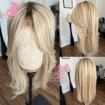 Parrucche anteriori in pizzo per capelli umani con frangia Pre pizzicata Attaccatura dei capelli Biondo platino cenere Radice scura 613 Ombre Parrucche colorate Onda del corpo Brasile