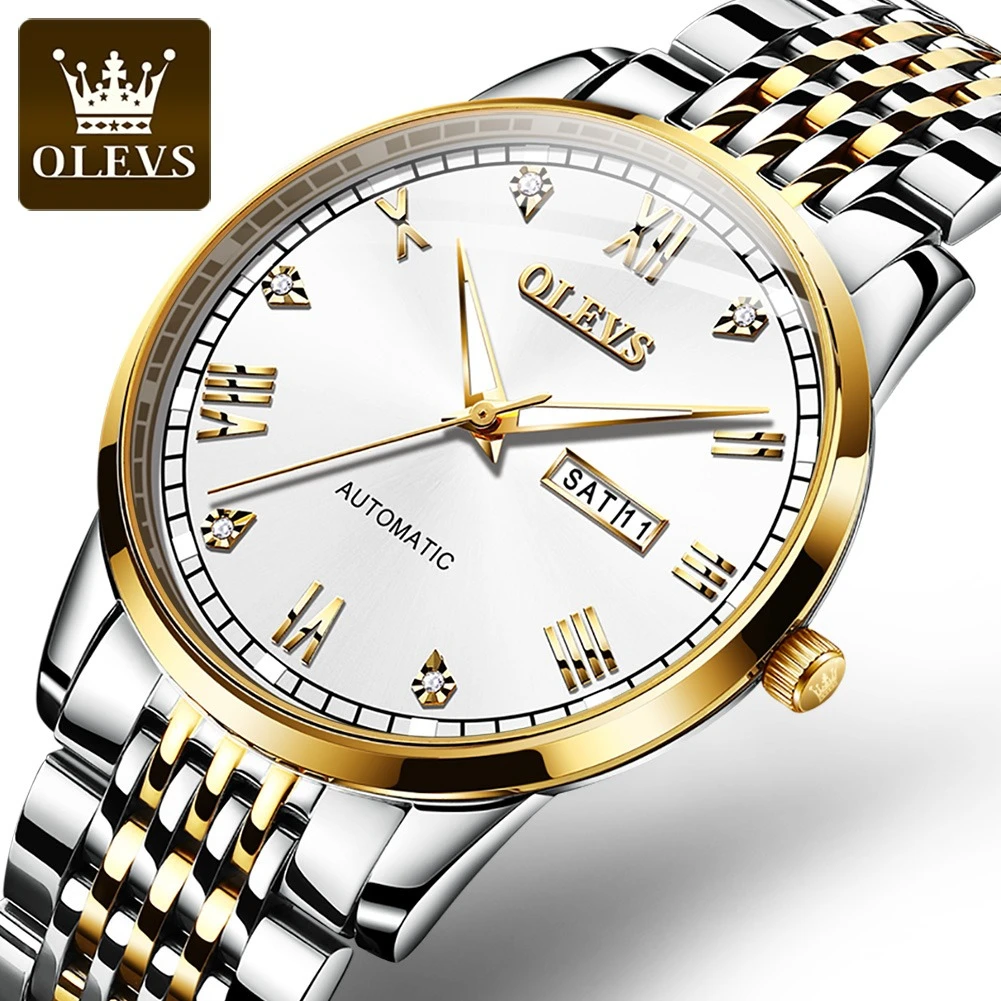 

OLEVS 6602 Mechanical Fashion Watch Gift Round-dial Stainless Steel Watchband Week Display Calendar Luminous