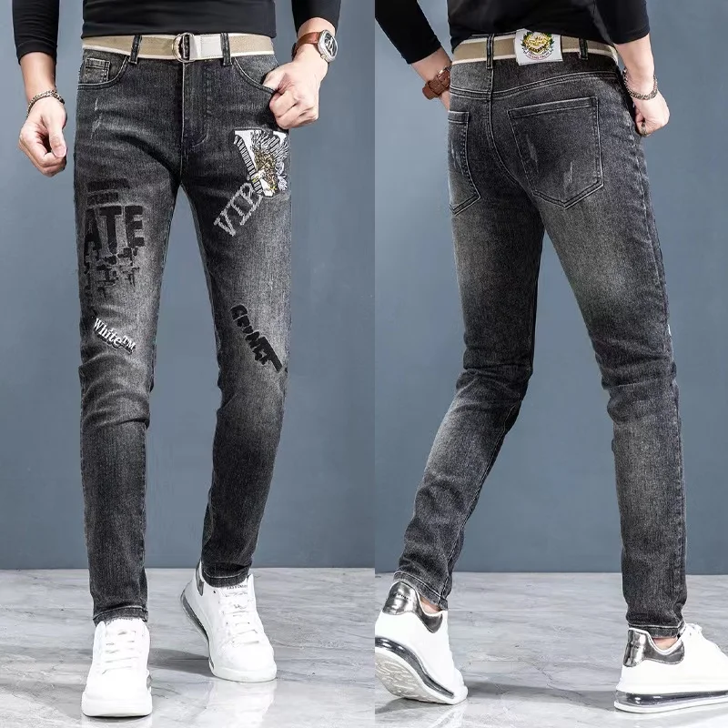Summer Soft Jeans Men's Embroidered Micro Seal Splice High Street Retro Luxury Pants Slim Fit Scratched White Black Comfortable2
