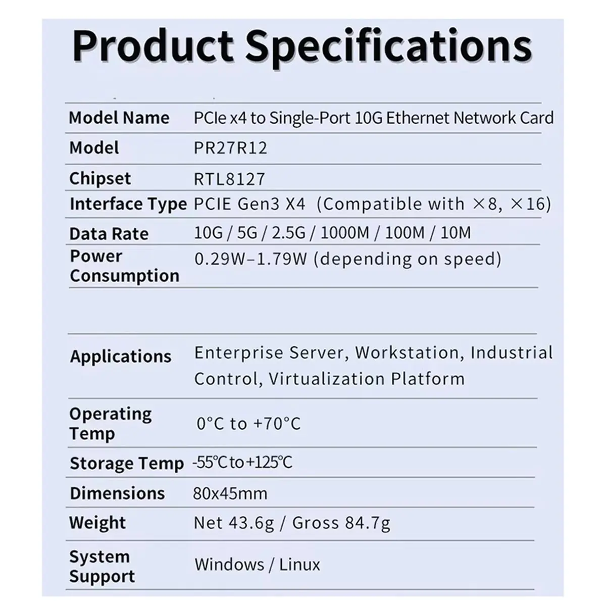 AAAE 업그레이드 PCIe 3.0 X4 1포트 10G RJ45 네트워크 카드 - Realtek RTL8127 (PXE) 서버 및 워크스테이션 NAS용 W 지원