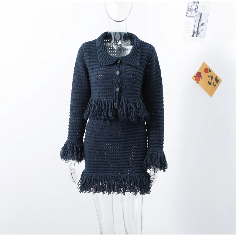 Description Picture 4 of itemFringe Knit Slim Mini Skirt Suit Women Fashion Turndown Collar Half Breasted Long Sleeve Top Female Set 2025 Spring Lady Sets