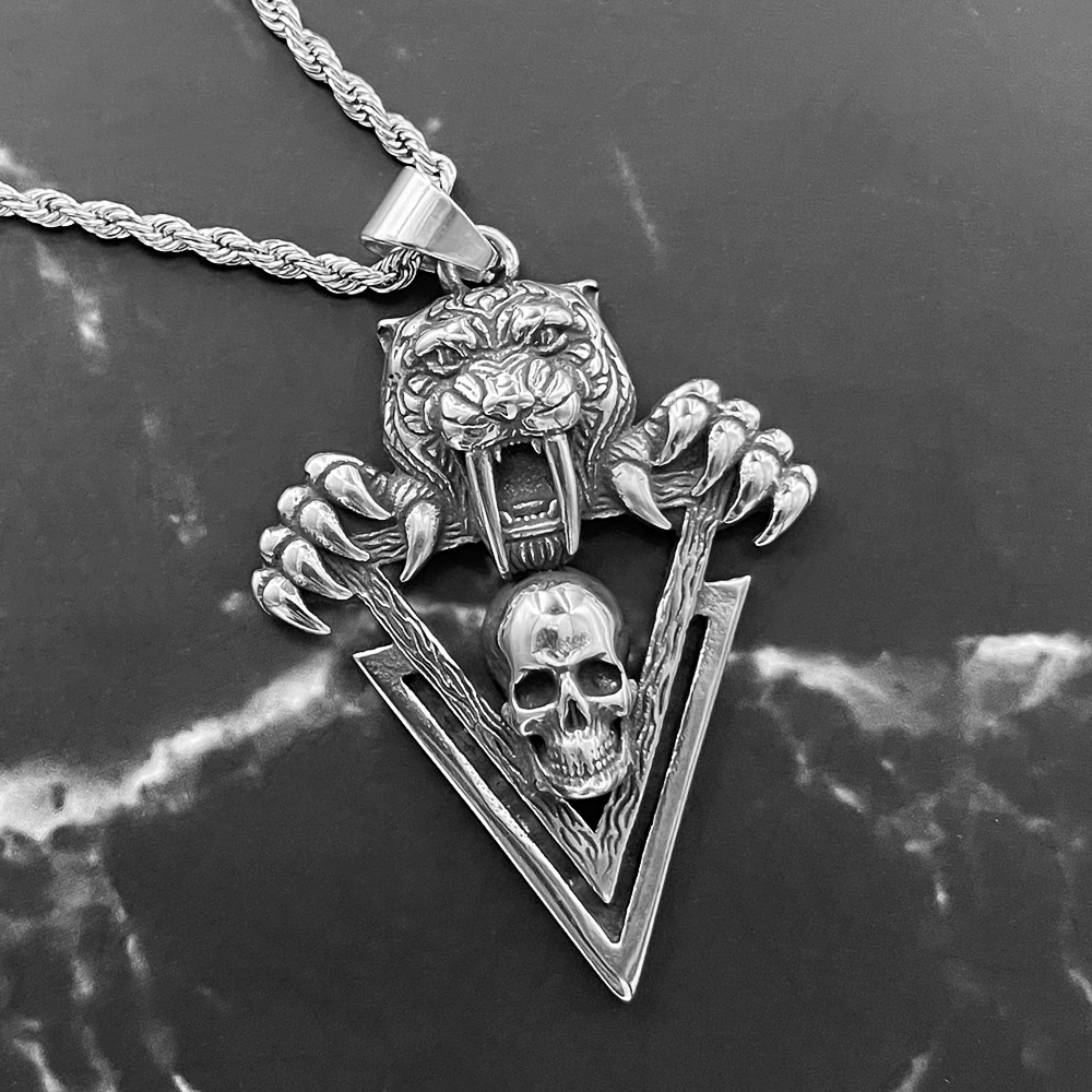 New Fashion 316L Stainless Steel Punk POP Tiger Tooth Skull Pendant Necklace Retro Personality men Jewelry Gift | Украшения и