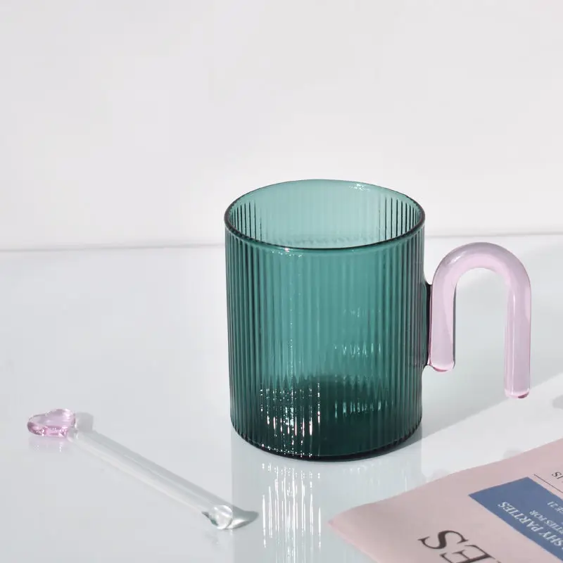 Glass Mug with Golden Handle Glass Coffee Cups Portable Transparent Ribbed  Glass Water Drinkware Home Office Milk Tea Cup