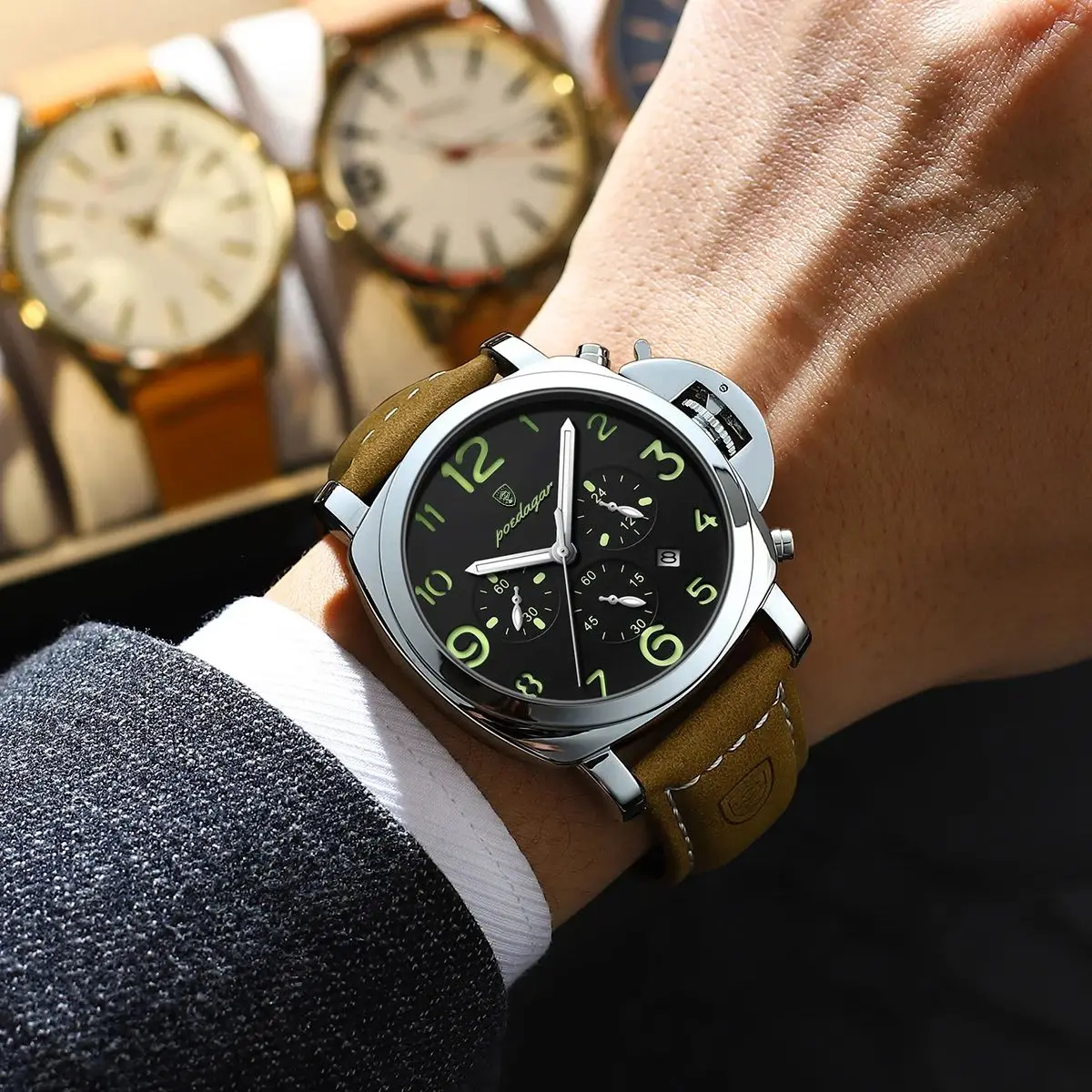 Orologio Uomo Militare Cronografo Al Quarzo - Cinturino In Pelle, Impermeabile 3 ATM, Datario, Regalo Con Scatola