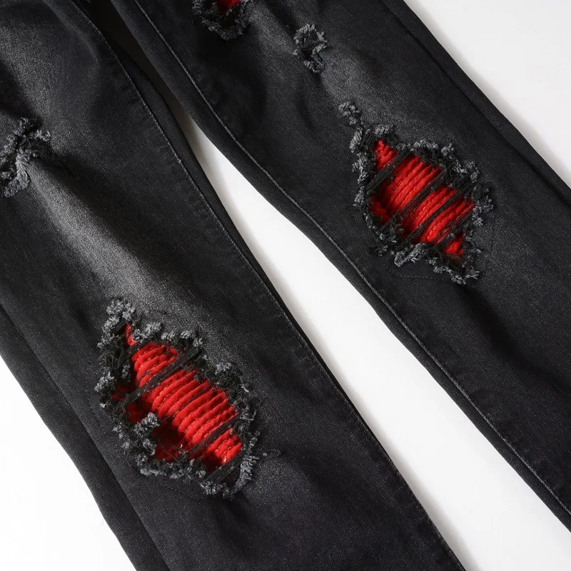 Mens Black Slim Fit Ripped Jeans Streetwear Hip Hop Red Patch Frayed Elastic Hole Jeans Trousers Male 4