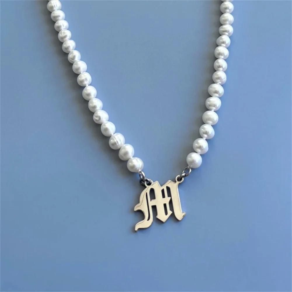 

Pearl Initial Necklace Personalized Stainless Steel Letter Choker Custom Old English Gothic Handmade Jewelry Boho Bijoux Femme