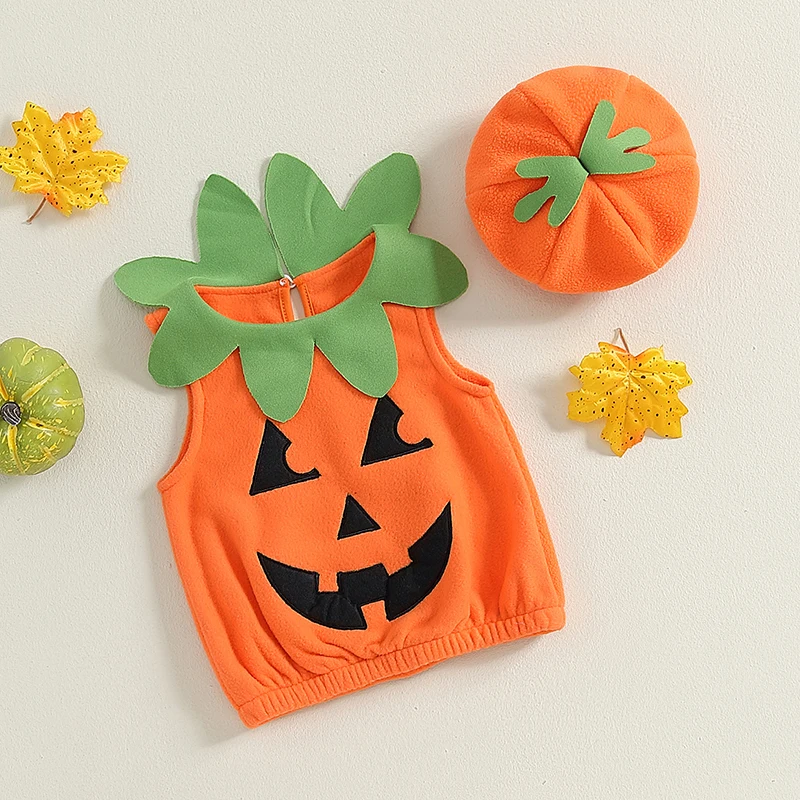 FOCUSNORM 0-24M Baby Boys Girls Halloween Cosplay Costume Sleeveless Pumpkin Vest Tops & Hat Role Play Outfits
