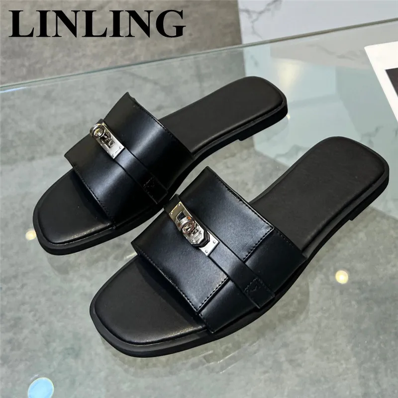 

New Design Metal Decor Slippers Women Fashion Casual Slides Leather Woman Sandals 2023 Summer Beach Flip Flops Flats Shoes Women