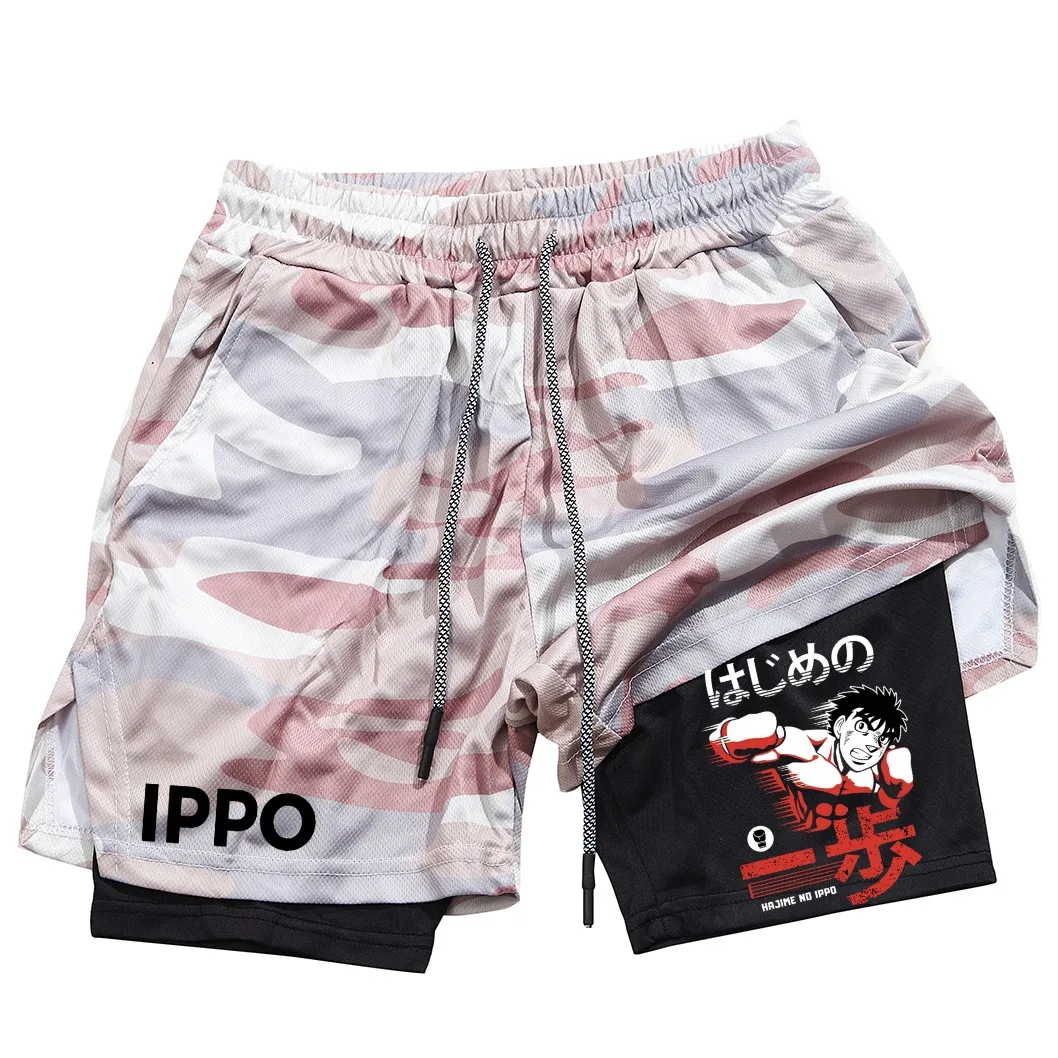 남성용 애니메이션 IPPO 프린트 압축 반바지, 주머니가 있는 운동 성능 체육관 반바지, 빠른 건조 피트니스 운동 복싱, 2 in 1