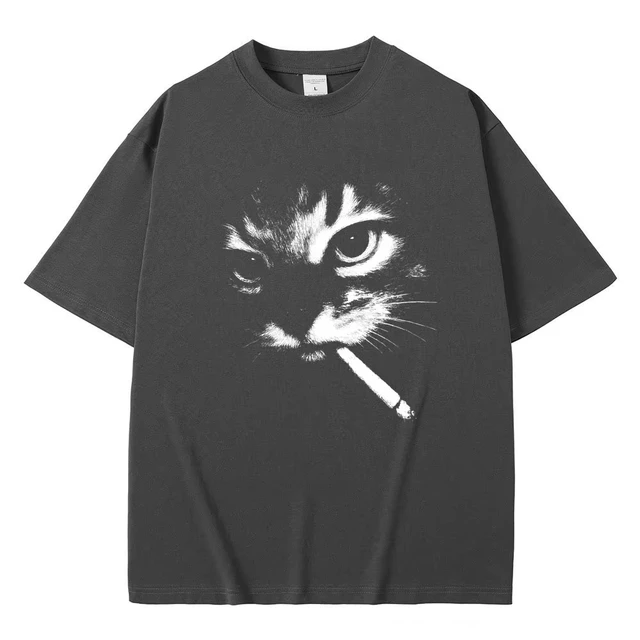 Funny Meme Smoking Cat Face Graphic T-shirts Men Women Casual Cotton Vintage T Shirts Men's Oversized T-shirts Cats Lovers Gifts 2