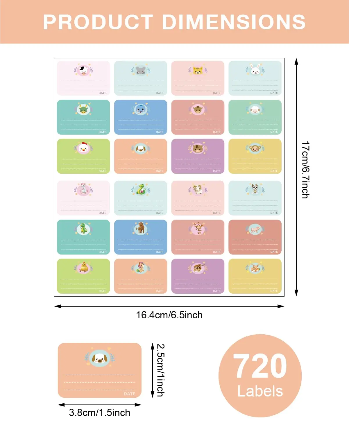  젖병 라벨, 학교 용품, 12 동물 디자인, 식기 세척기 안전 스티커, 어린이 용품, 720 개