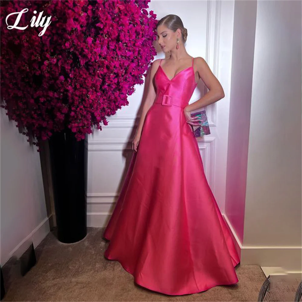 

Lily Spaghetti Strap Long Party Dresses Pink Blush Vintage Night Dresses Stain V Neck Celebrity Dresses vestidos de fiesta