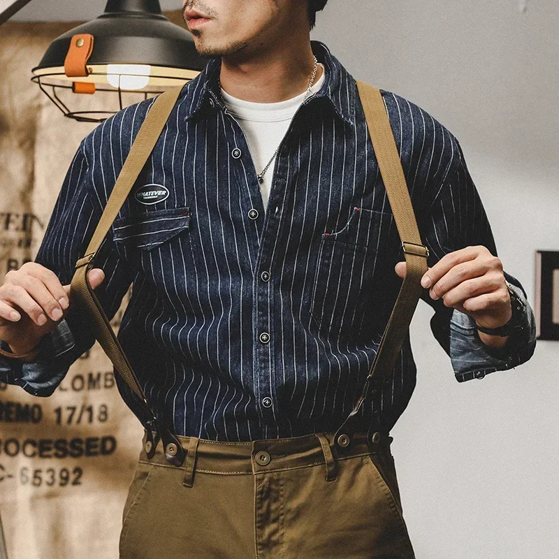 Denim Striped Long Sleeve Shirt Men's Loose Large Size Casual Shirts Workwear Vintage American Heavy Cotton Cargo Shirt Coats