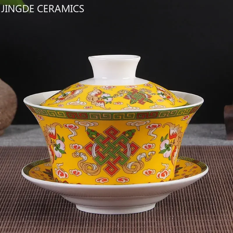 Jingdezhen Ceramic Gaiwan Sancai Tea Bowl Chinese Traditional Pattern Cover Bowl Blue and White Porcelain Tea Set