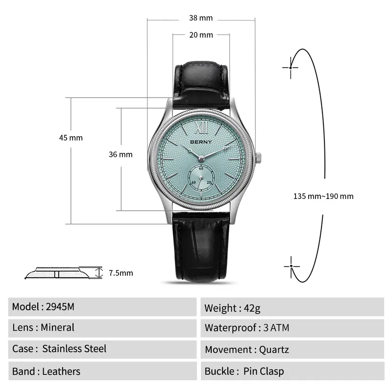 BERNY Men's Watches Slim Luxury Classic Stylish Dress Quartz Watch Fashion Elegance Leather Band Wristwatch - Image 6