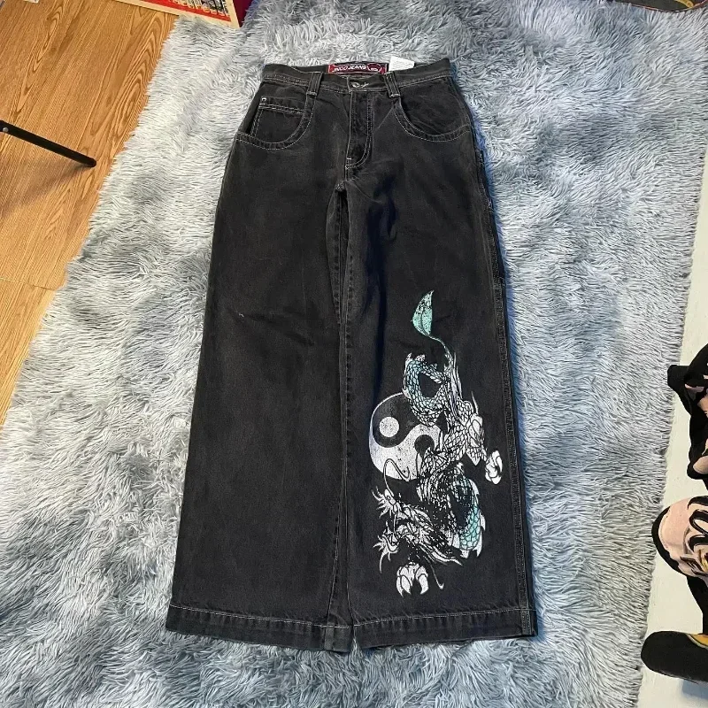 빈티지 자수 JNCO Y2K 헐렁한 청바지, 남성 하이 퀄리티 청바지, 힙합 고스 스트리트웨어, 하라주쿠 남성 여성 캐주얼 와이드 레그 청바지