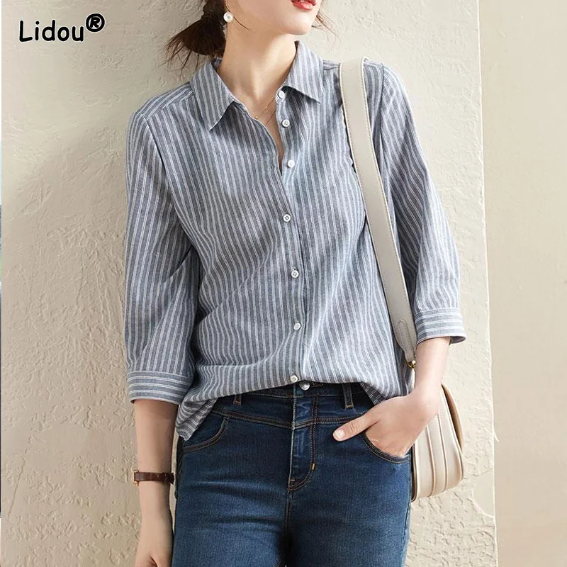 Casual Striped Blouses Bottoming Women Shirt Thin Loose Straight Spring Summer Fashion Wild Women's Clothing 2022 Temperament осень зима женщины стрейч плиссированный тонкий вязаный свитер all match thin bottoming рубашка топ высокий вырез пуловер джемпер