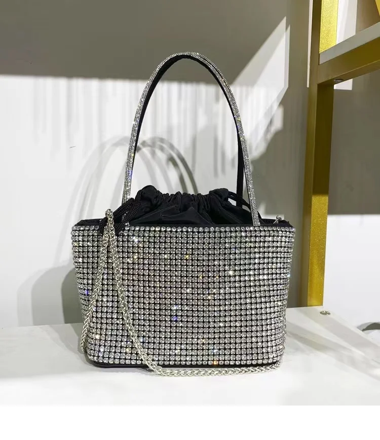 Luxury Designer Rhinestone Diamond Shiny Bucket Bag Women's Handbag Evening Bag Bling Clutch Purse Shoulder Messenger Chain Bag