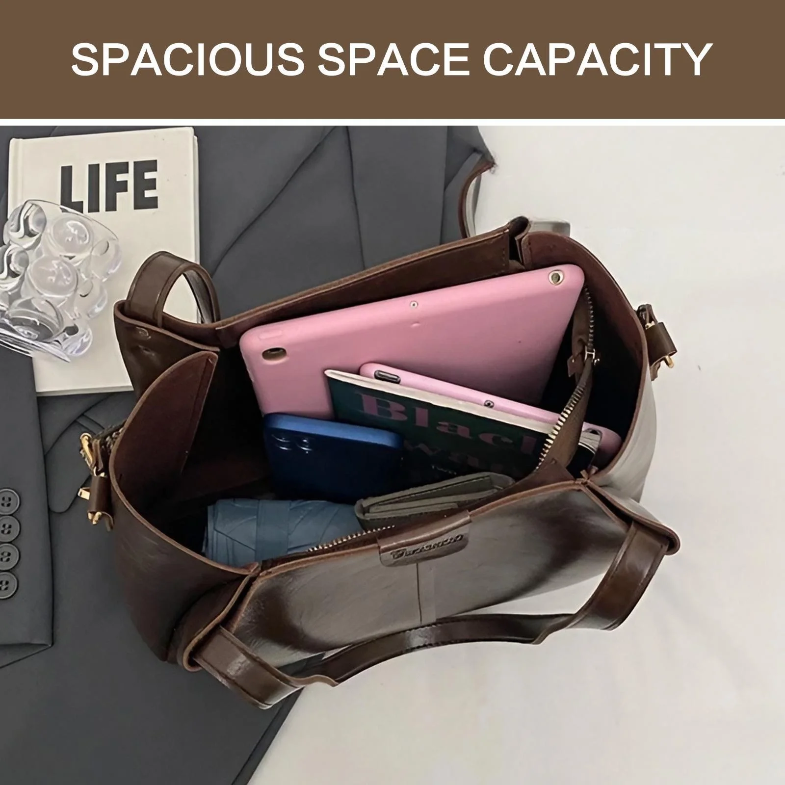 Large capacity PU leather shoulder bag with multi compartments, lightweight, waterproof, and stylish for everyday use. spacious