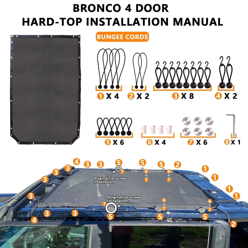 

Car Roof Sunshade Net Sun Shade Top Cover Windproof Sunshade Protection Net Cover Accessories Fit for Ford Bronco 2021+ 4 door