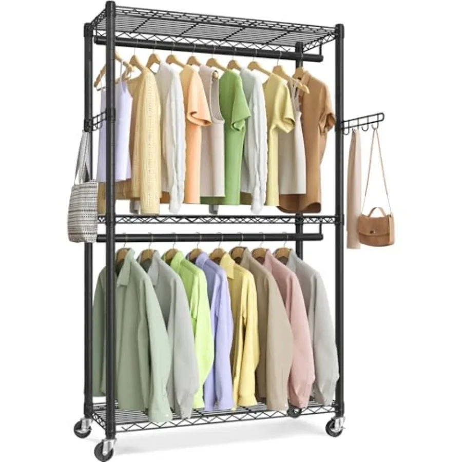 Heavy-Duty Rolling Clothes Rack Garment Rack Portable Closet 35.4-Inch Wide Clothing Rack on Wheels with Adjustable Mesh Shelve