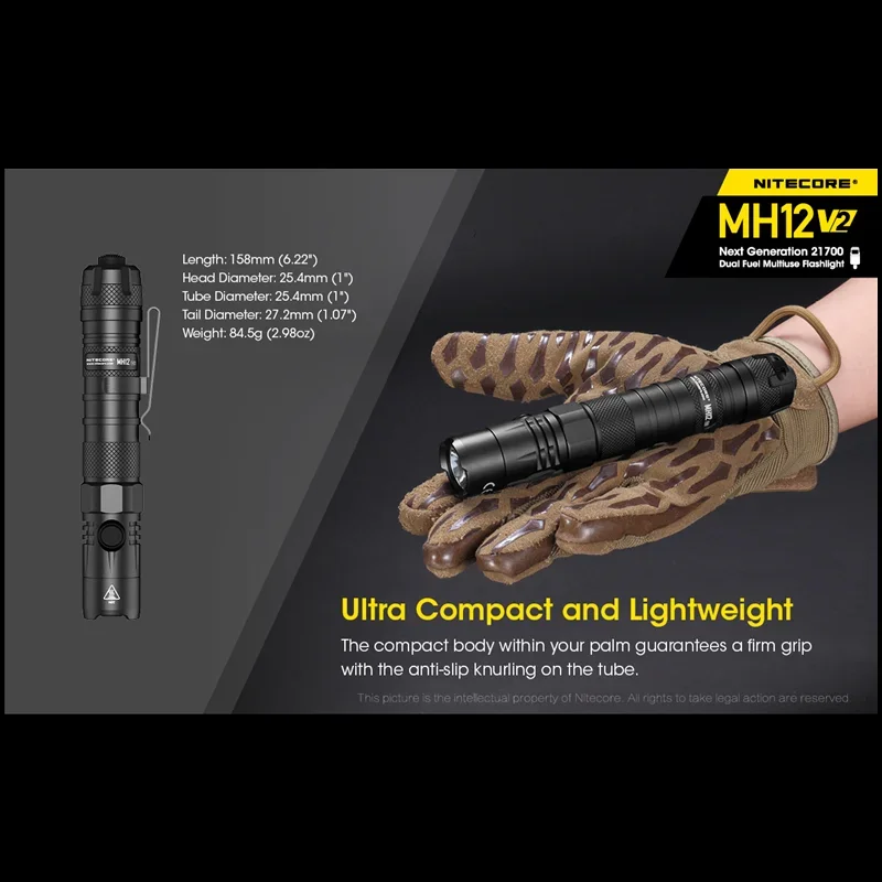 NITECORE 듀얼 연료 다용도 전술 손전등, 1200 루멘, MH12 V2
