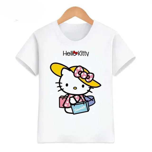 thumbnail image 1 of Camiseta de verano con dibujos animados de Hello Kitty para niñas, ropa deportiva de manga corta, estilo informal, estilo Kawaii, 1 of 5