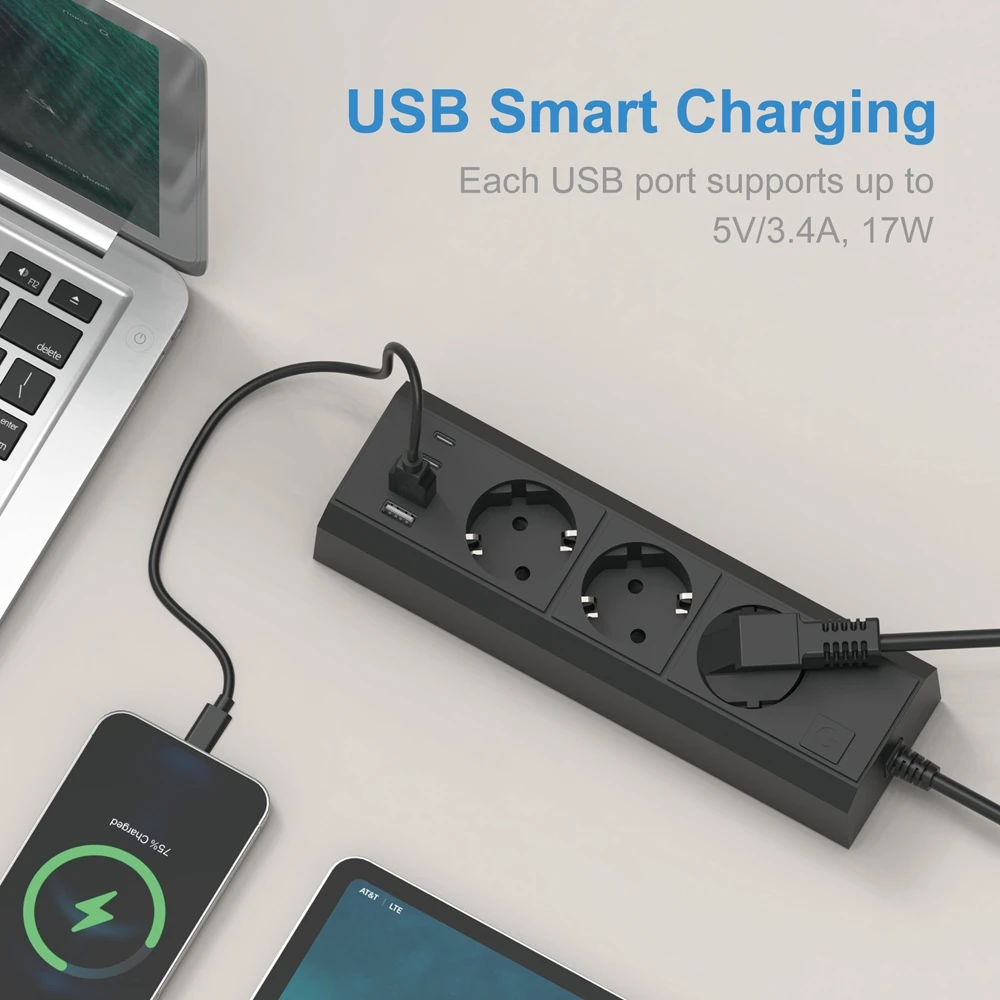 Power Strip 7 IN 1 2500W EU Plug 1.5M Extension Cord Socket Extender With 3AC Outlets 4USB 17W Fast Charging 7 Safety System