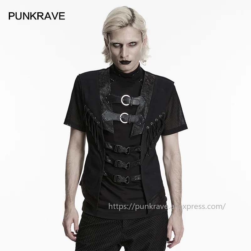 PUNK RAVE 남성용 펑크 트윌 메쉬 & 크랙 가죽 오픈 구조 조끼 스트랩 버클 록 파티 퍼포먼스 탑 남성용