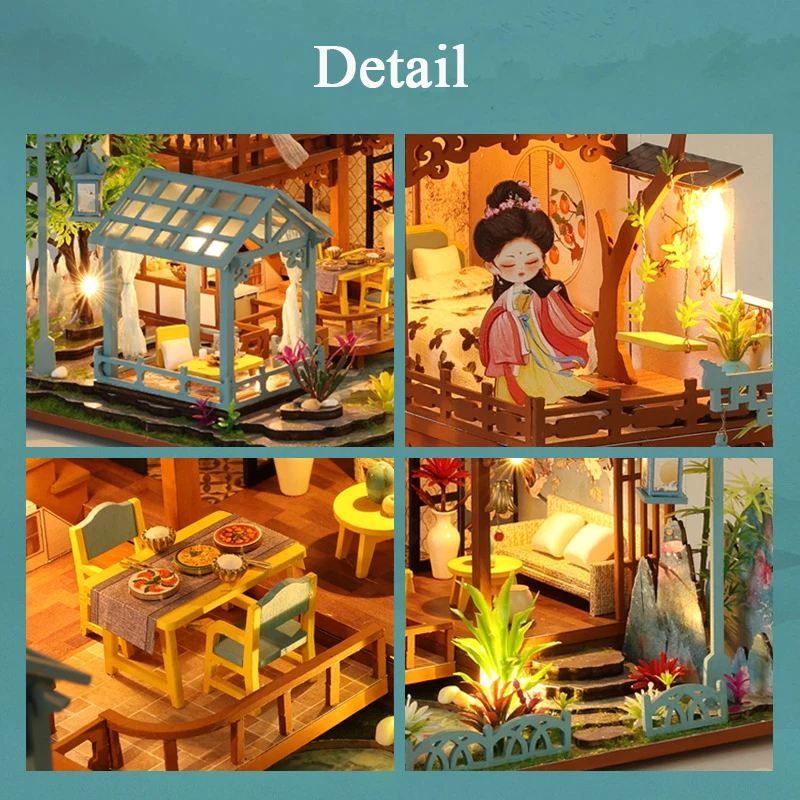 DIY Wooden Doll Houses Chinese Ancient Garden Room Casa Miniature Building Kits with Furniture Led Dollhouse for Adults Gifts 5