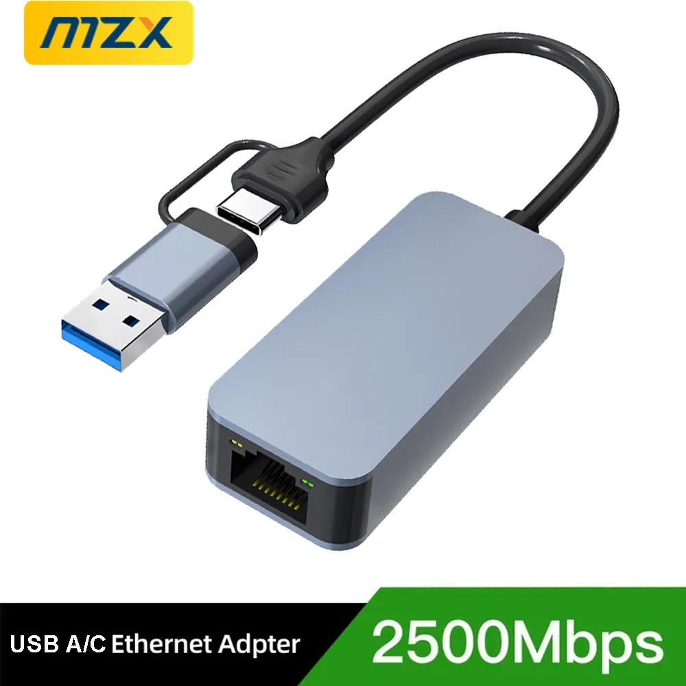MZX 2500Mbps 네트워크 카드 USB 3.0 A 타입 C 유선 Rj45 Lan 이더넷 어댑터 RTL8156 맥북 윈도우 노트북 PC 액세서리