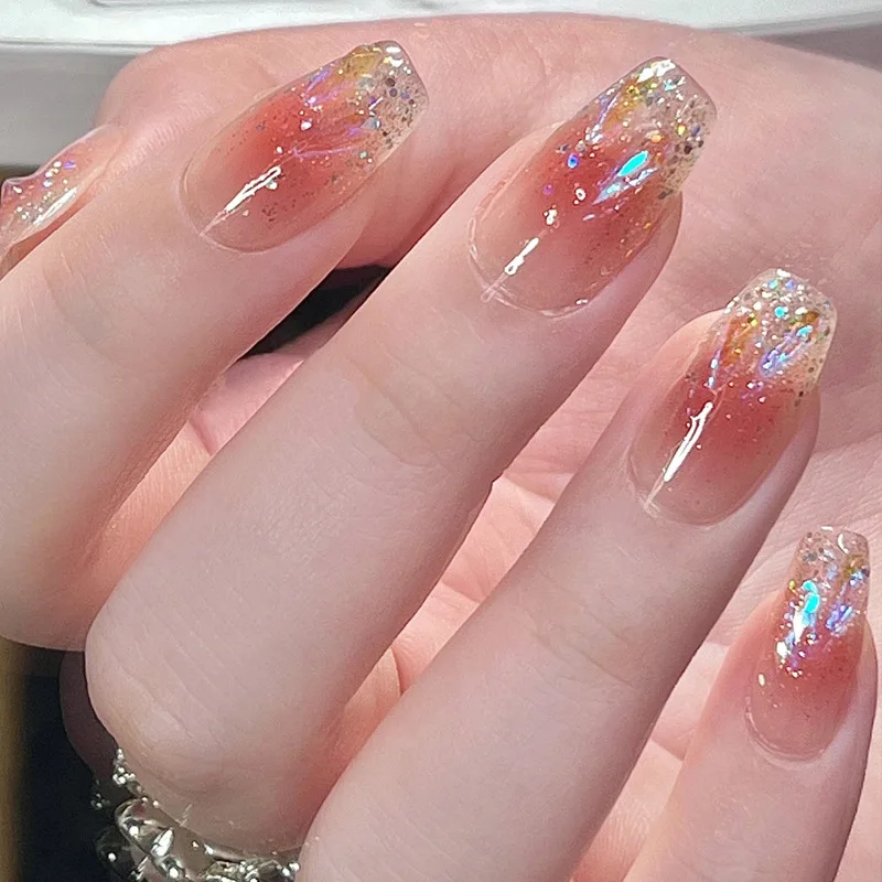 Red Shine Removable Nails Acrylic Glitter Diamond Butterfly Art Nails Finished Nails Patch With Jelly Gel