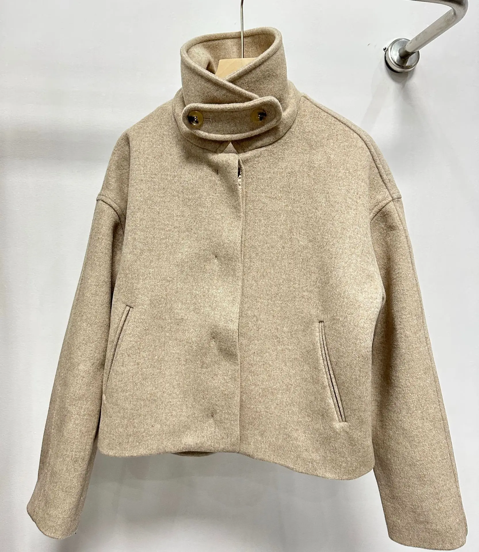 Stand-Collar Tweed Wool Coat   Women's Fall winter Spring Collar Short Small Loose Solid Color Single Row with Multiple Buttons Single-Breasted womens Jackets Woolen Coats Outerwear for woman in khaki Oatmeal beige 