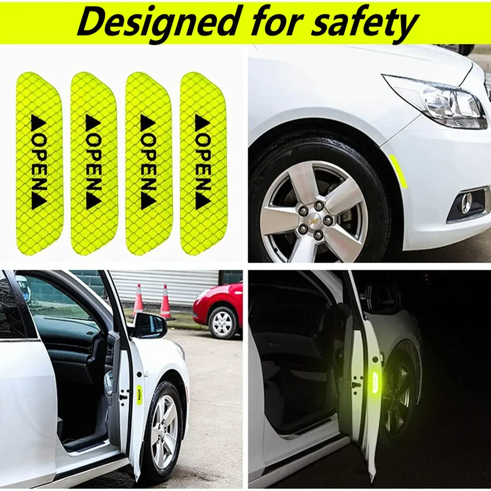 6PCS Car Door Open Reflective Stickers Night Warning Mark Tape Auto Vehicle Luminous Decals Safety Sticker DIY Install Adhesive