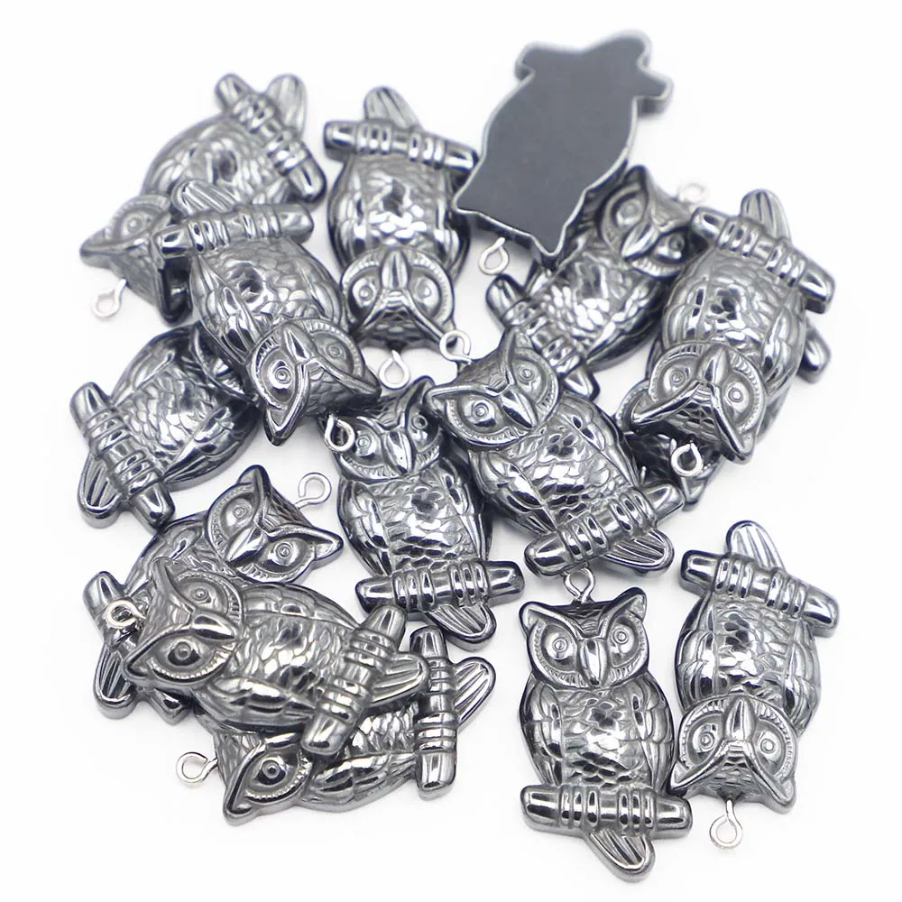 Nature Stone Hematite Bone Owl Pendant Hip Hop Punk Bead Fashion Charm Metal Necklace Making Jewelry Accessories Wholesale 20Pcs