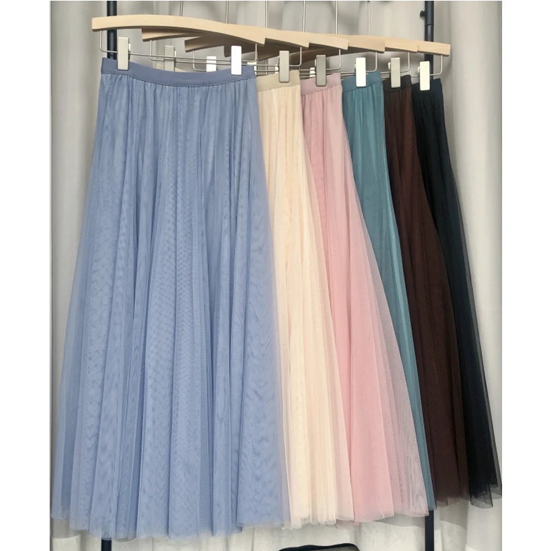 

Autumn Mesh Skirt Solid Color Tulle Skirt Patchwork High Waist A Line Midi Skirt Casual Style Fashion Women Tutu Long Skirt