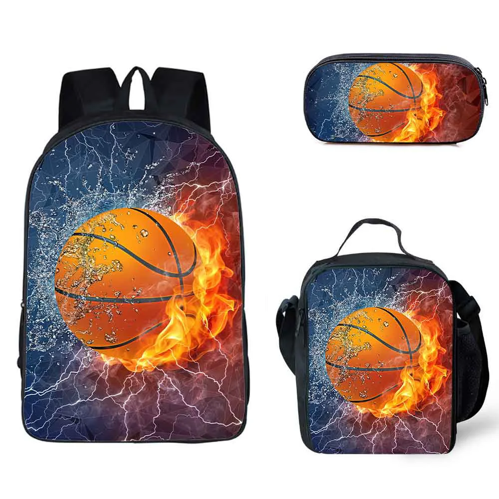 Cartoon Funny Fire Basketball 3pcs/Set Backpack 3D Print School Student Bookbag Anime Laptop Daypack Lunch Bag Pencil Case